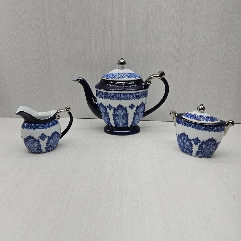 Bombay Blue White Porcelain Tea Set Teapot Sugar Creamer Silver Trim 3 Piece